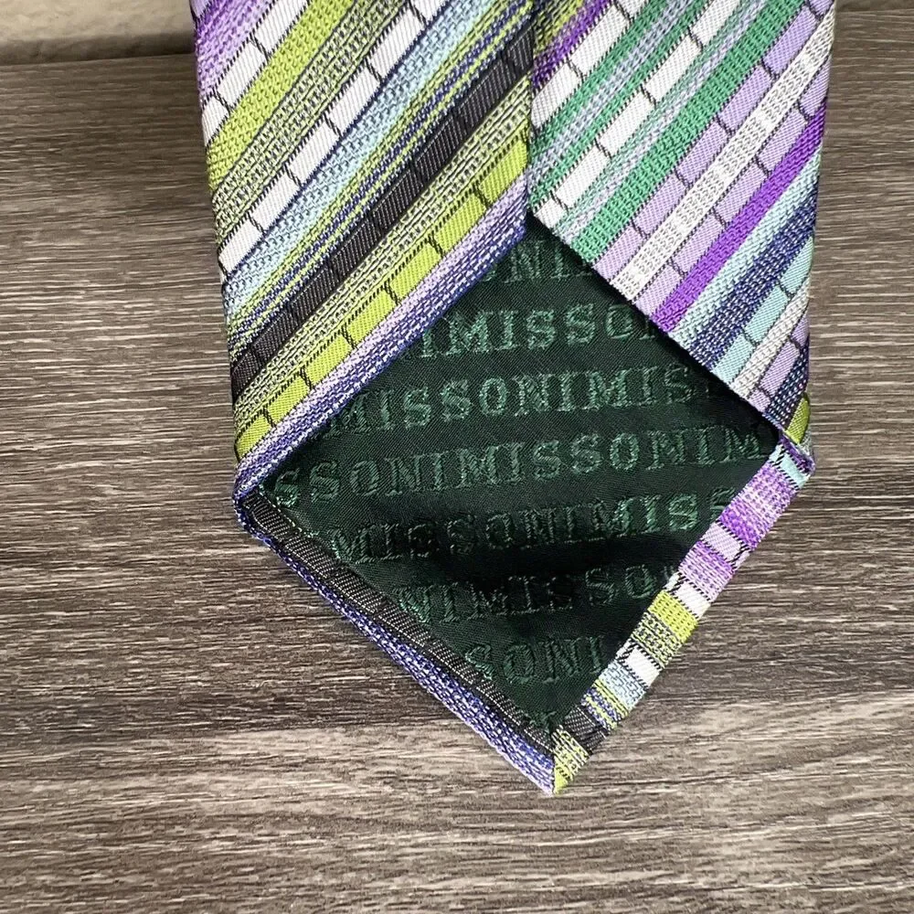 Missoni Geometric Striped Silk Necktie Purple Green Luxury Designer Italy 60